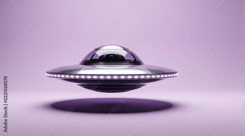 Fototapeta premium Futuristic silver UFO flies above purple background. Shiny metal flying saucer with glowing lights floats in space. Sci-fi spaceship concept with glass dome. Extraterrestrial craft travels through