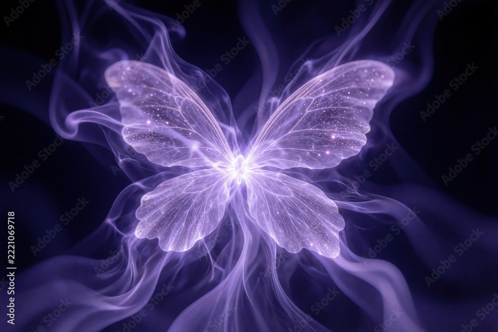 Fototapeta premium Mystical purple butterfly glows in dark space. Ethereal winged creature floats amidst swirling violet mist, magical smoke. Dreamy fantasy creature shines with sparkling light, energy. Surreal digital