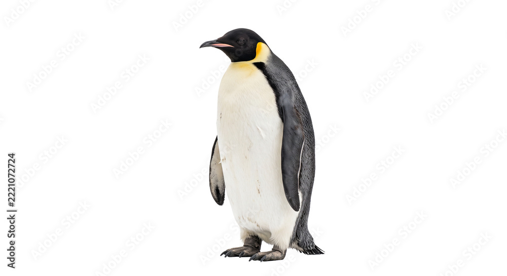 Fototapeta premium Full body portrait of an emperor penguin standing isolated against a clean white background