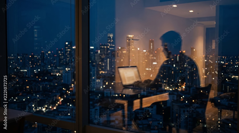 Naklejka premium A person works on a laptop in a dark room overlooking illuminated high rise buildings. Concept of remote work, late hours and modern careers. Generative AI.