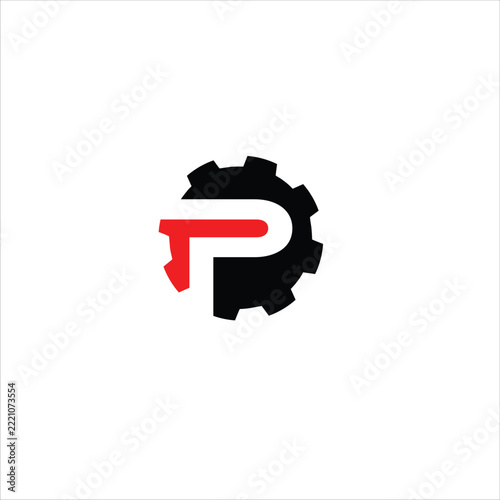 Red and Black Gear Logo with Letter P, Industrial Technology and Mechanical Engineering Symbol