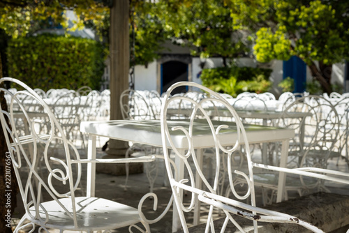 White metal tables and ornate chairs arranged beneath leafy trees in a sunlit outdoor courtyard with garden greenery and architectural details in the background