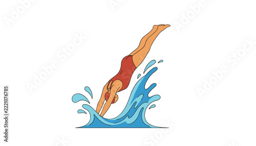 Professional female swimmer in a red swimsuit diving headfirst into blue water with dynamic splashing waves.