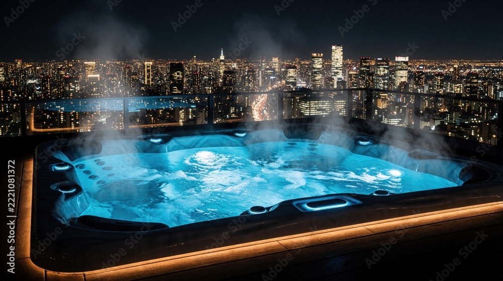 Fototapeta premium Luxury rooftop jacuzzi with hot steam at night. Modern outdoor hot tub glows blue on wooden deck. City skyline with bright lights in background. Relax in urban spa terrace for peaceful evening