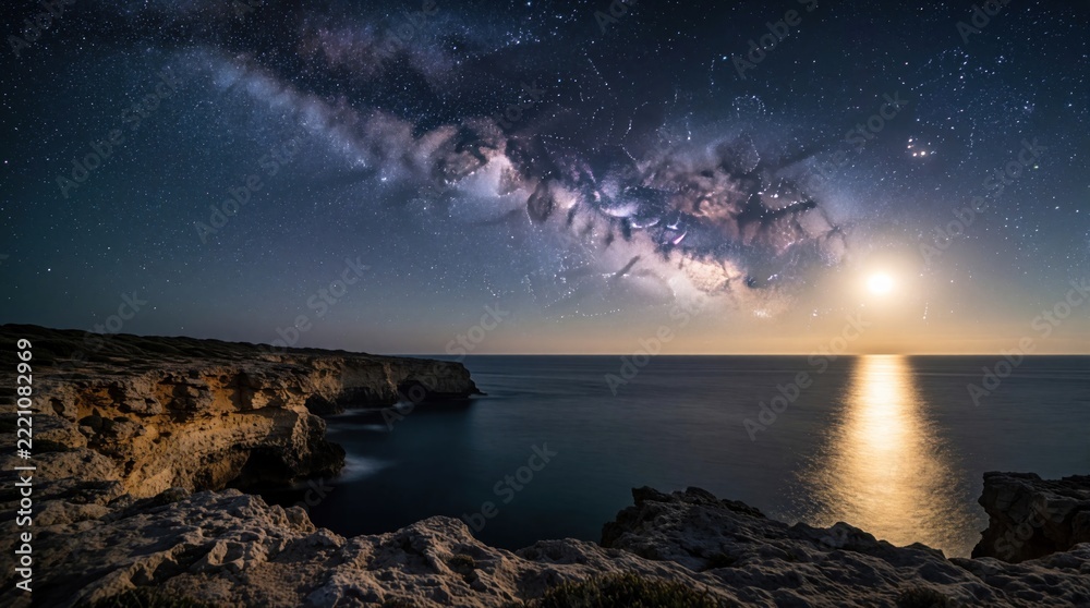Fototapeta premium Milky Way galaxy stretches across dark night sky over ocean coast. Bright moon shines above calm sea reflecting light on water. Rocky cliffs, stone formations line shore under starry cosmos.