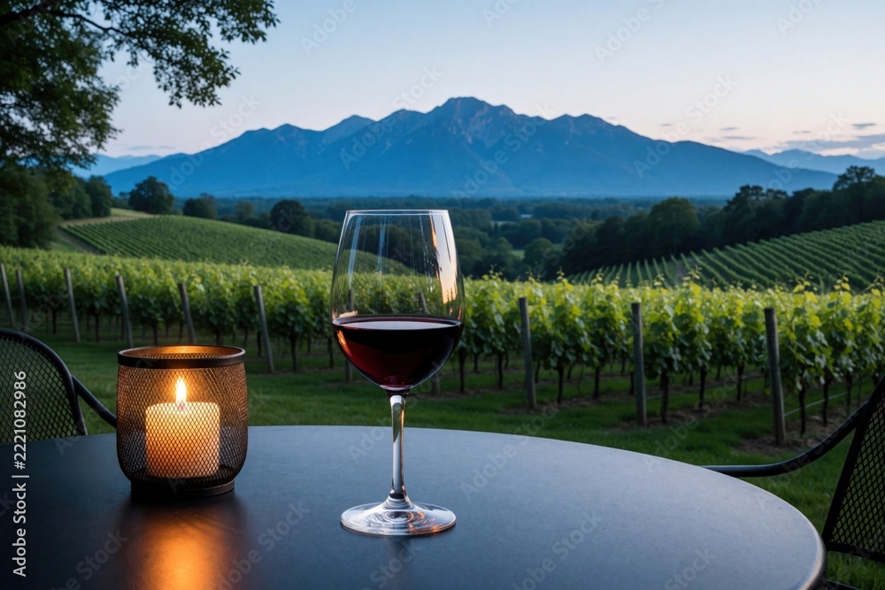 Naklejka premium Red wine glass, lit candle sit on outdoor table at vineyard. Beautiful evening landscape shows green grapevines, huge blue mountains. Peaceful sunset view over rolling hills offers romantic dinner