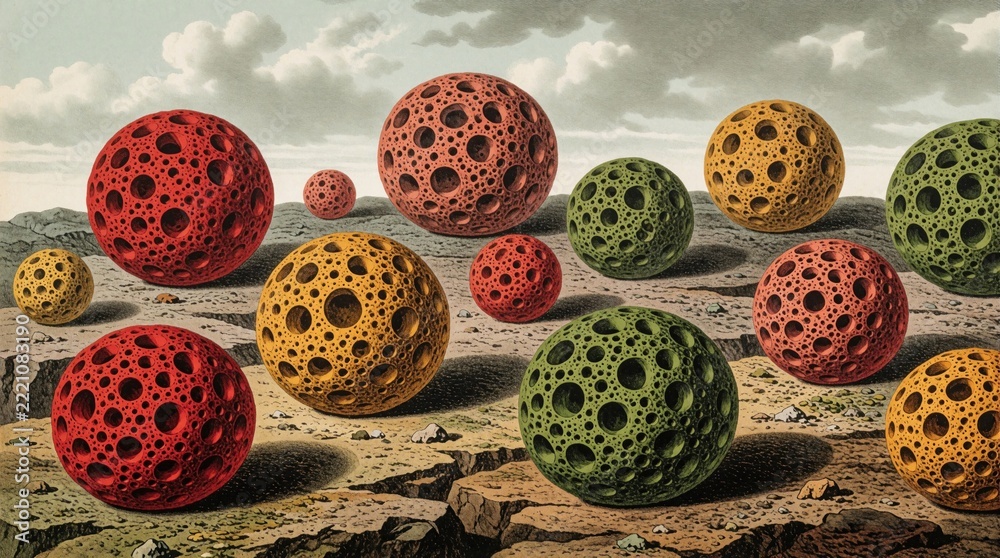 Fototapeta premium Colorful porous stones with many holes lie on rocky desert ground under cloudy sky. Abstract textured spheres in red, yellow, green, orange colors create unique pattern. Natural geologic formations