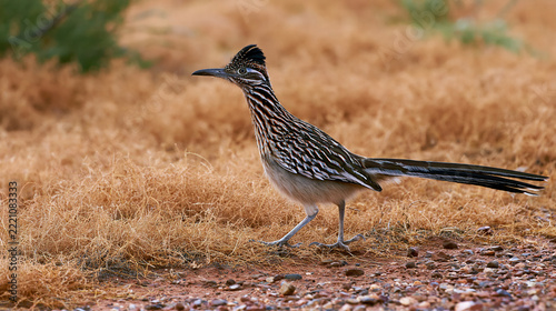 Bird with distinctive head feathers walking on dry grass