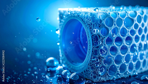 Abstract Blue Water Droplets on Porous Material: Macro view of sparkling blue water droplets suspended and splashing around a highly textured, porous blue object, set against a dark.