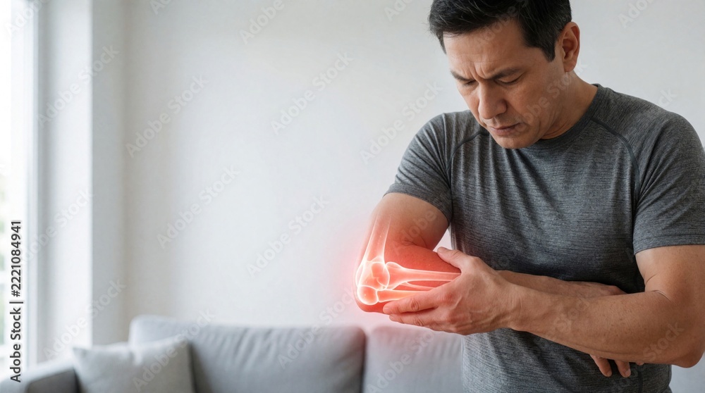 Obraz premium Middle aged man feels sharp elbow pain, joint inflammation. Adult male touches injured arm with distressed face. Red glowing area shows bone injury, tendon damage. Person suffers from orthopedic