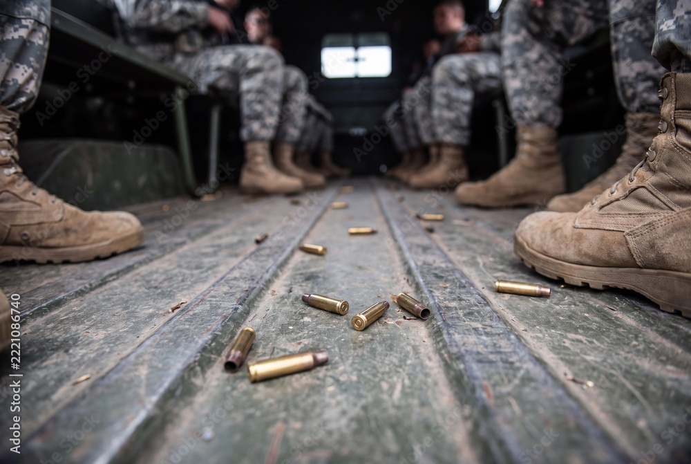 Fototapeta premium Spent shell casings scattered across a rough, worn truck bed, with uniformed soldiers seated in the background, evoke a sense of recent conflict and readiness.