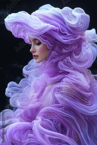 A woman's face emerges from swirling lavender fabric, creating an ethereal and artistic portrait against a dark background. AI.