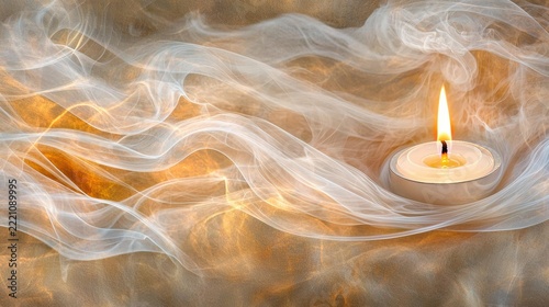 A lit candle with a warm flame glows amidst flowing white smoke against a textured golden background. AI.