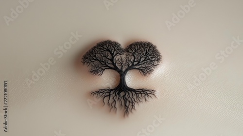 A detailed black tree with prominent roots is centered against a light, textured background. AI.