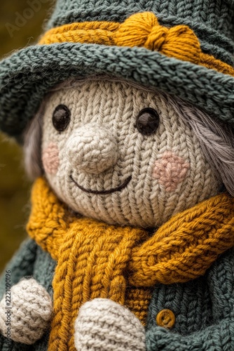 A knitted doll with a hat, scarf, and buttoned coat smiles gently. AI.