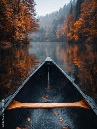 Paddling a canoe on a calm lake surrounded by autumn trees with orange and yellow foliage. AI.