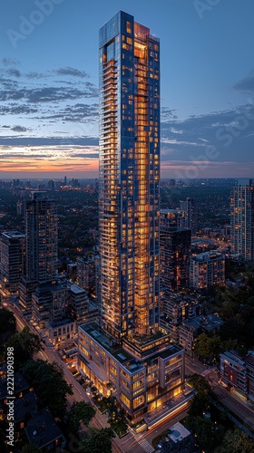 A tall glass skyscraper with illuminated windows stands amidst a city skyline at dusk. AI.