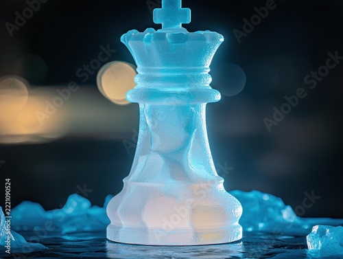 A blue, translucent chess king piece made of ice sits on a dark surface surrounded by ice shards. AI.