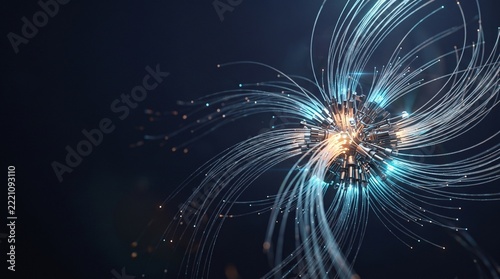 Fiber optic network connecting nodes with bright flowing light