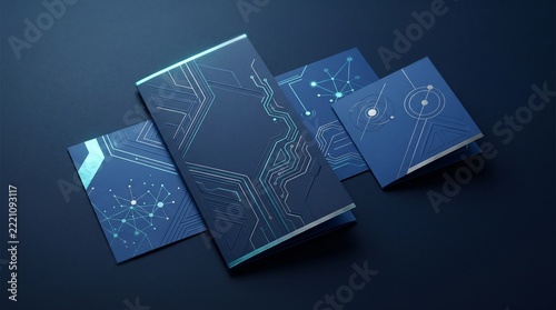 Futuristic brochure and flyer mockup with blue technology graphics