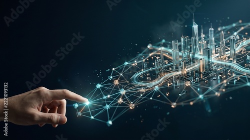 Finger Touching Digital Network Beside Glowing Smart City Skyline