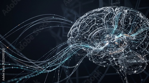 Glowing Wireframe Brain with Flowing Data Connections