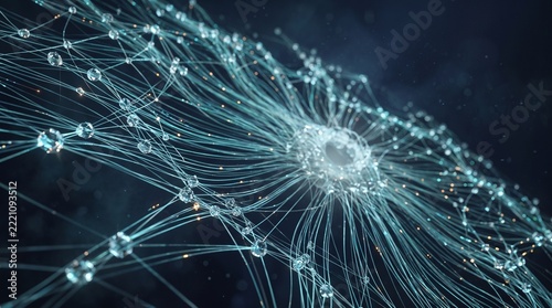 Glowing digital nodes linked in a flowing network structure