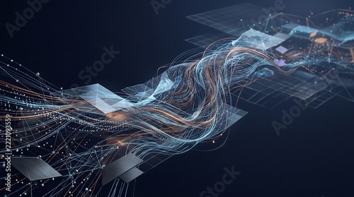 Abstract digital data vortex swirling through a luminous network