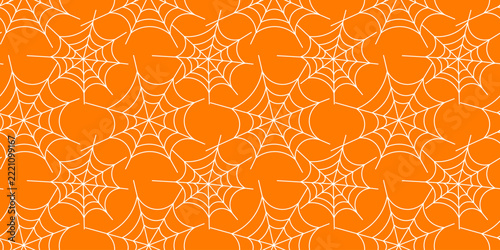 Seamless Halloween pattern of white spider webs on bright orange background. Vibrant, festive Halloween designs for parties, packaging, and children's textiles. Vector