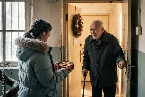 Young woman gifting Christmas cookies to senior man