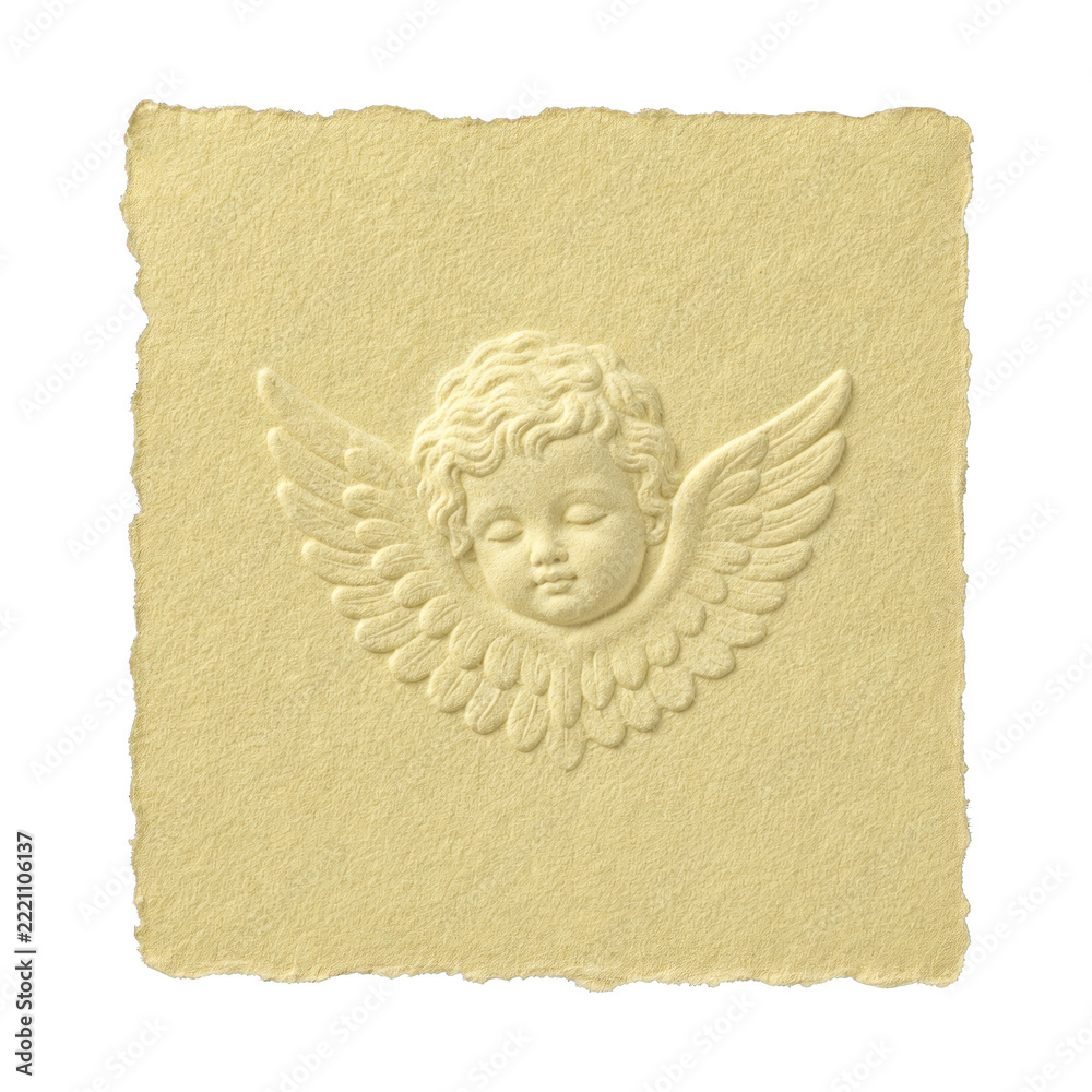 Fototapeta premium PNG Embossed angelic cherub on textured paper background.