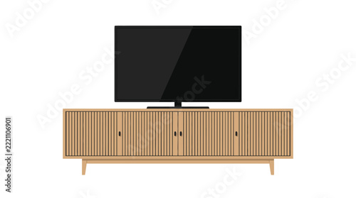 Modern media console with flat screen television for living room