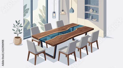Modern dining room interior with wooden epoxy river table and grey