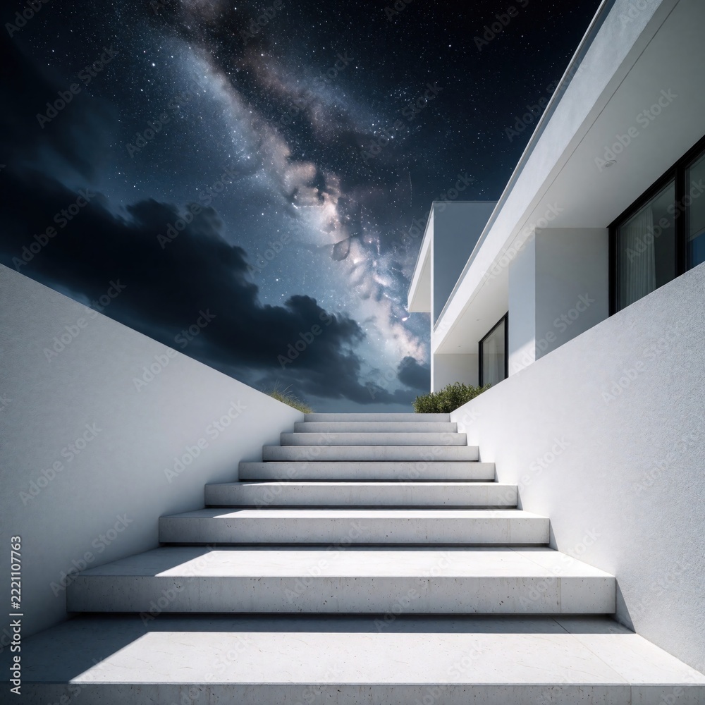 Fototapeta premium Modern white house stairs lead toward starry night sky with milky way galaxy. Minimalist concrete stpic create pathway to bright celestial view. Contemporary architecture design features clean lines