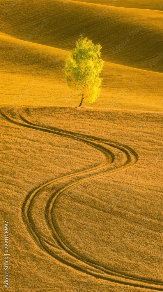 Fototapeta premium Golden field with lone tree and winding path.