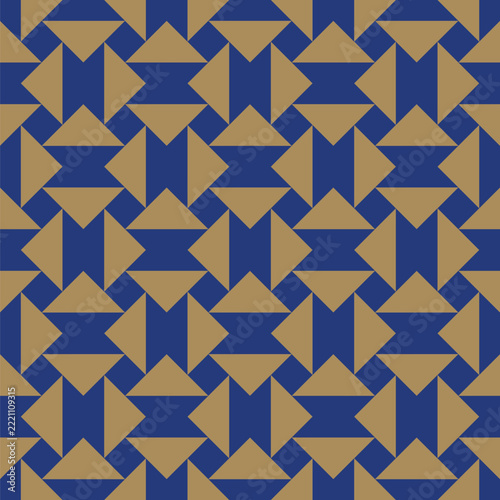 Seamless pattern created from gold triangles on an bright blue background