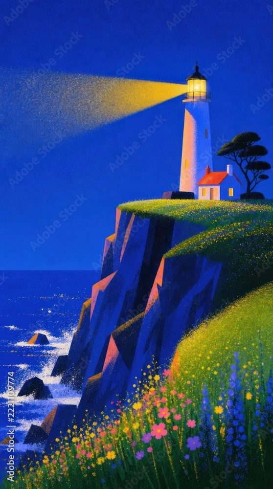 Fototapeta premium Whimsical lighthouse cliff mobile wallpaper with vibrant dreamy coastal art