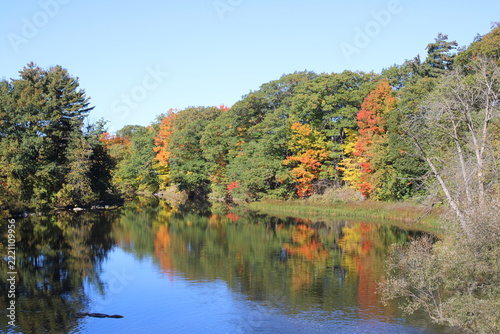 Trees in fall foliage reflecting on Yamaska River