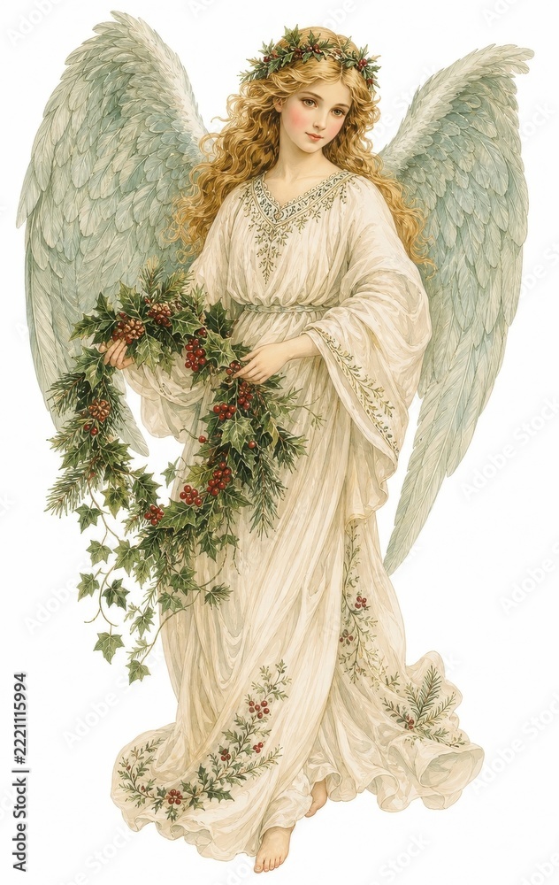 Fototapeta premium Elegant angel illustration with wreath and flowing white gown
