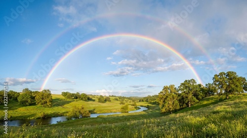 Double rainbow over a green landscape