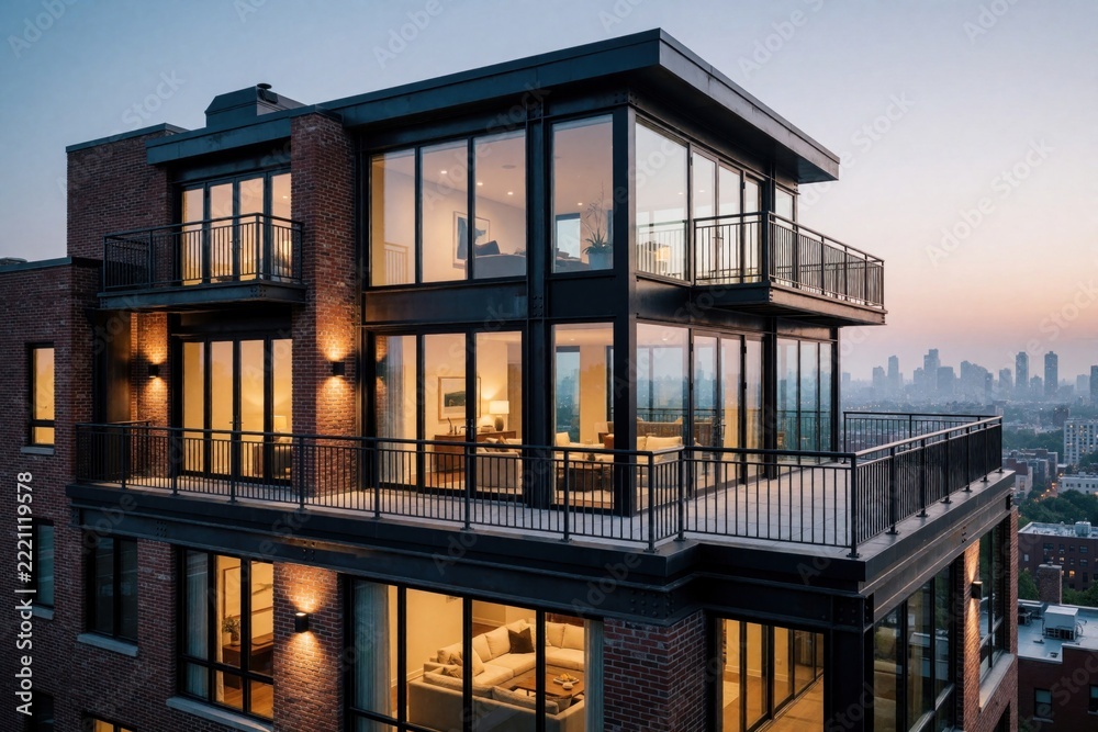 Fototapeta premium Modern loft house facade with steel frames, large glass windows. Luxury penthouse apartment features spacious balconies, warm interior lighting at sunset. Urban residential building shows