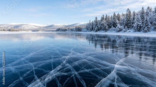 Blue ice and cracks on the surface of the ice. Frozen lake under a blue sky in the winter. The hills of pines. Winter. Carpathian, Ukraine, Europe.