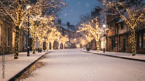 Snowy winter street with glowing string lights and falling snowflakes