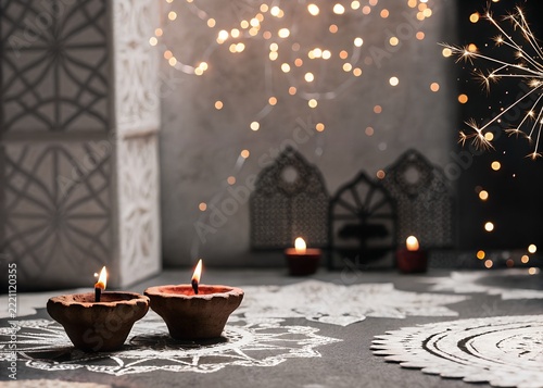 Diwali diya oil lamps on white rangoli pattern with sparklers and fairy lights