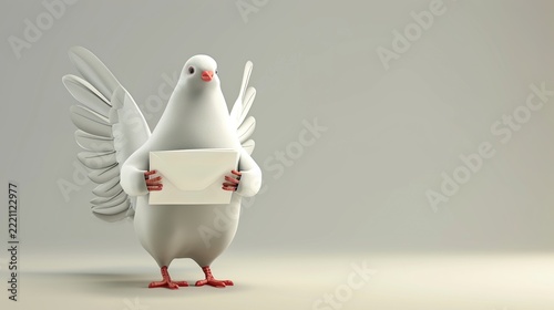 3D Render of a Cute White Dove Holding a Blank Paper Envelope Representing Communication, Mail Delivery, Peace, and Important Messages on a Minimalist Neutral Studio Background