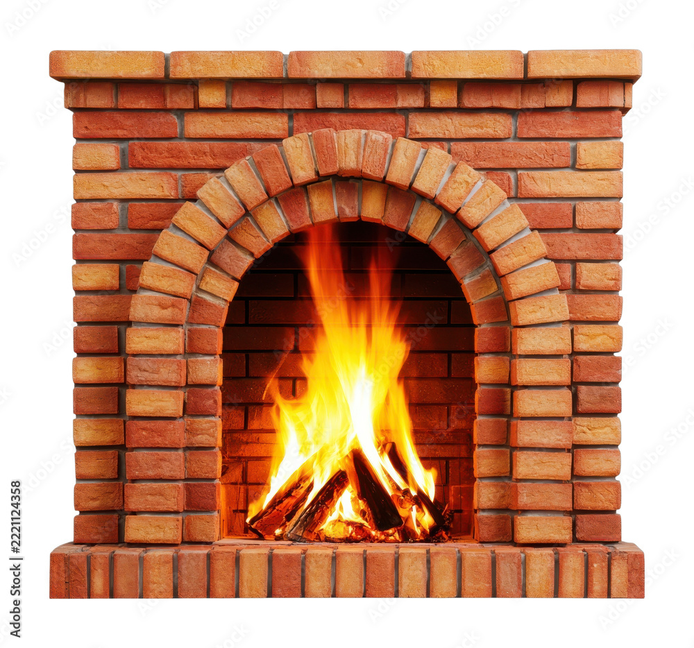 Naklejka premium PNG Traditional brick fireplace with warm glowing flames and firewood