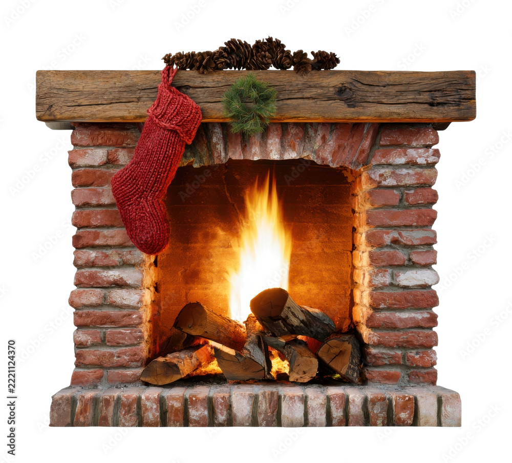 Fototapeta premium PNG Rustic brick fireplace glowing with festive Christmas warmth