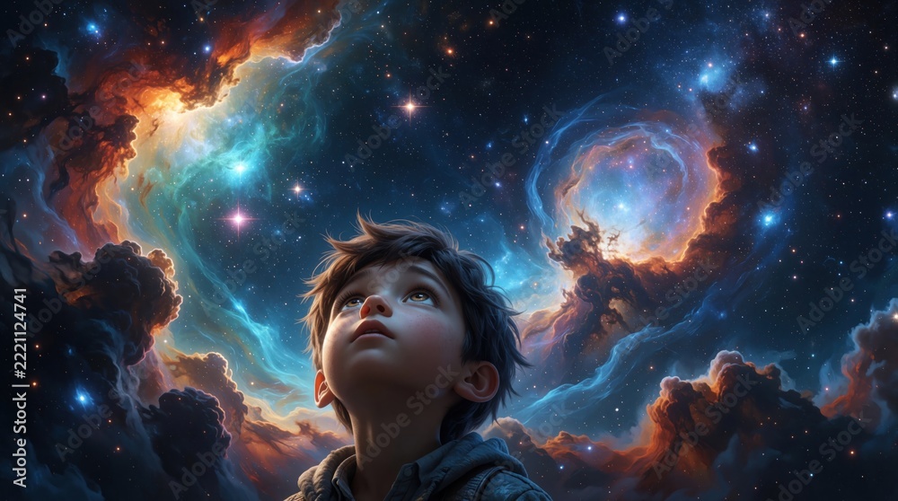 Fototapeta premium Little boy looks up at colorful cosmos in night sky. Child watches bright nebula, glowing stars in deep space. Dreamy fantasy scene shows wonder of universe, galaxy clouds, celestial beauty. Young