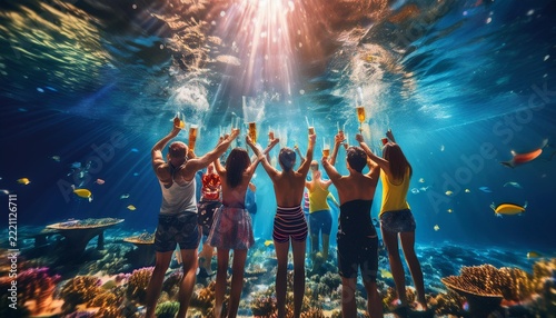 Underwater Celebration Party with Friends Toasting Champagne in Tropical Ocean
