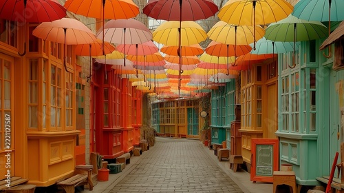 Colorful umbrellas create a whimsical atmosphere in a charming alleyway filled with vibrant shops